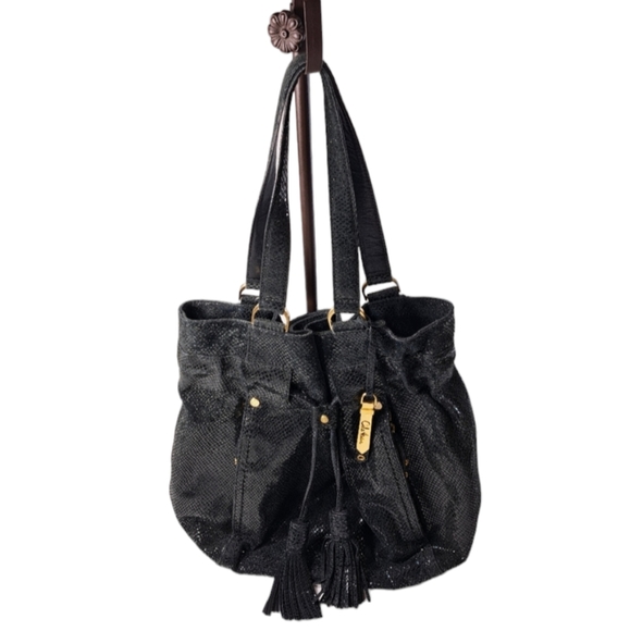 Cole Haan Handbags - Cole Haan Women's Black Shoulder Bag Shiny Snake Skin Drawstring